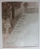 Teilansicht Schloß Neschwitz aquarell in Sepia, virtual art gallery Affeere